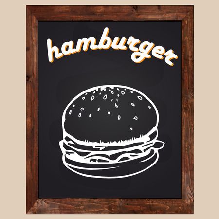 Fresh hamburger drawn with chalk on a blackboard with a wooden frameのイラスト素材