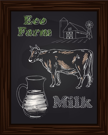 eco farm with a cow and milk drawing with chalkのイラスト素材