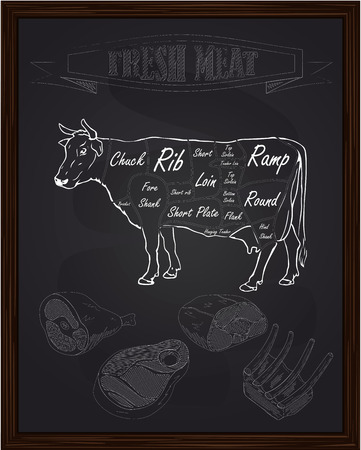 beef scheme and pieces of meat drawing with chalkのイラスト素材