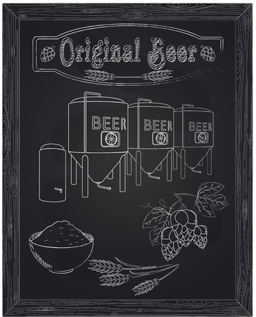 Brewery with ingredients. Barley hops and yeast drawn in chalkのイラスト素材