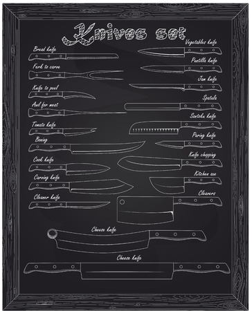 big set of beautiful kitchen knives drawing with chalkのイラスト素材