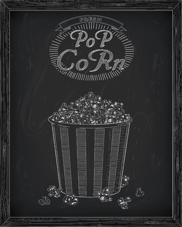 Beautiful big striped carton box full of delicious & fresh popcorn drawn in chalkのイラスト素材