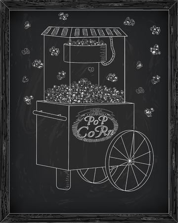 Popcorn machine on on wheels. Falling popcorn. Drawn in chalkのイラスト素材