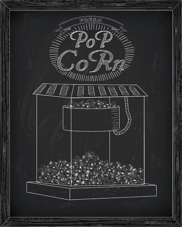 Beautiful popcorn machine with fresh delicious popcorn & vintage inscription. Drawn in chalkのイラスト素材