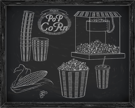 Popcorn machine, ear of corn, stack of small & big popcorn boxes, big carton striped box full of popcorn and carton cup with drinking straw. Drawn in chalkのイラスト素材