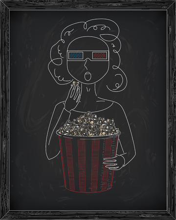Girl in 3D glasses eating delicious popcorn from a big  striped carton box. Drawn in chalkのイラスト素材
