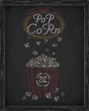 Beautiful big striped carton box full of delicious & fresh popcorn. Vintage inscription & falling popcorn pieces. Drawn in chalkのイラスト素材
