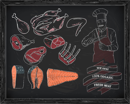 beautiful beef, pork, lamb, meat  drawn in chalk drawn in chalkのイラスト素材