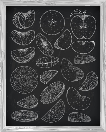 berries set orange mandarin apple peach on a black background drawn with chalkのイラスト素材