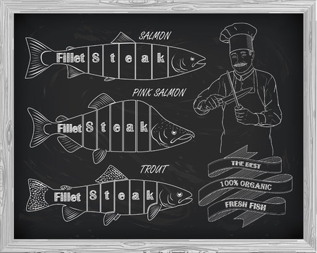 beautiful pattern of salmon, trout and pink salmon. Chef with knives with a drawing of white on a black backgroundのイラスト素材