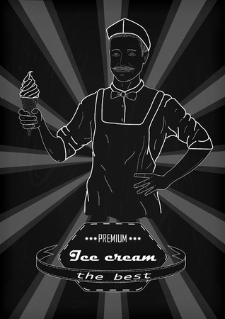 Selling ice cream jacket and hat hand holding ice cream cone in a waffle cup. Vintage drawing with chalk on black and white background with the inscription. Vertical outline side viewのイラスト素材