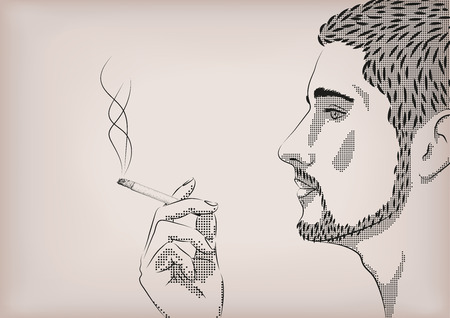 Men male person smoke smoking cigarette tobacco hand model face profile. Vector horizontal beautiful bad habit area sign signboard close-up side view illustration beige backgroundのイラスト素材