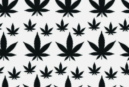Cannabis marijuana weed leaf silhouette narcotic seamless pattern texture design seamless pattern. Vector top view closeup horizontal black beautiful flat top illustration isolated white background.のイラスト素材