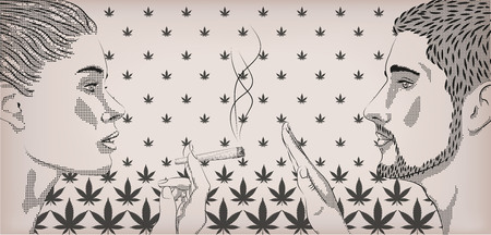 Woman girl lady smoking smoke weed cannabis marijuana rolled cigarette men  ban prohibit against narcotic drugs profile lifestyle vector horizontal sign close-up side view illustration backgroundのイラスト素材