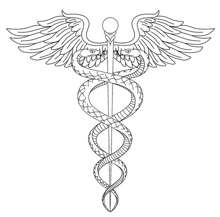 Cadeus Medical medecine pharmacy doctor acient symbol of the science. Vector hand drawn black linear tho snakes with wings sword background. Greek vintage culture hospital element. Tattoo draw design.