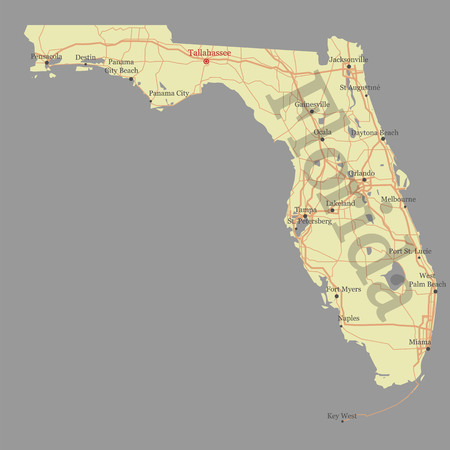 Florida detailed exact detailed State vector Map with Community Assistance and Activates Icons Original yellow Illustration with main roads and city labels. United States of Americaのイラスト素材