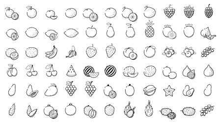 Outline linear web icon set - Fruit and berries Thin Line Icons For Business, Interface, Leisure. Orange, banana grape cherry mango papaya, pear, kiwi, lemon and other various tropical food collectionのイラスト素材
