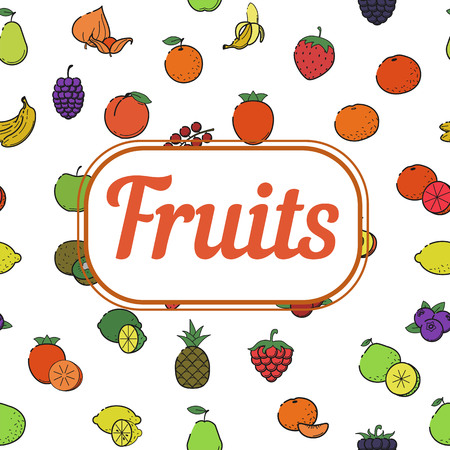 Seamless pattern texture fabric cute print: Outline flat color icon - Fruit & berries Line food...