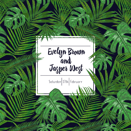 Wedding marriage event invitation card template. Exotic tropical jungle rainforest bright green palm monstera, sago, areca leaves border frame
のイラスト素材