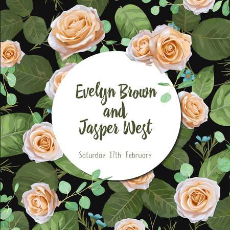 round garland floral frame arranged from garden pink peach Rose waxflower elegant greenery eucalyptus. Cute wedding vector design. All elements are isolated and editable.
のイラスト素材