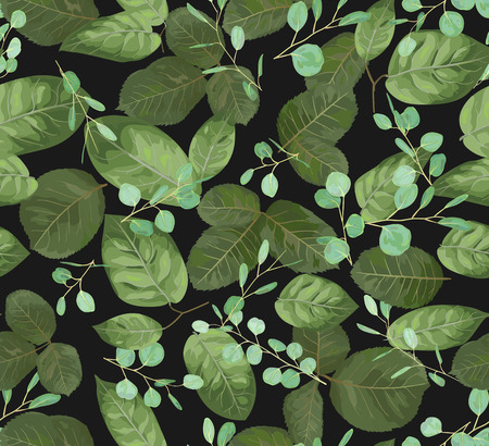 Vector pattern background for print, fabrics, wallpaper, greeting cards, invitation cards. Green leaves of roses and twigs of eucalyptus are isolated
のイラスト素材