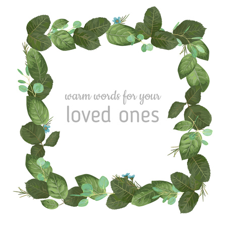 Vector watercolor illustration of a square frame of rose leaves, eucalyptus branches and wax flowers isolated on white background. Beautiful design element.のイラスト素材