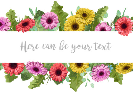 Beautiful floral banner frame with multi-colored gerbera and eucalyptus leaves isolated on white background Horizontal vector illustrationのイラスト素材