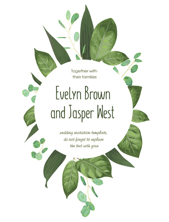 Wedding floral invitation, invite card. Vector watercolor style forest greenery, herbs, eucalyptus, leaves lilly, waxflower natural, botanical green decorative round frame, border, circle. Frame layoutのイラスト素材