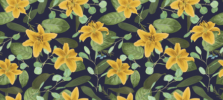 Seamless pattern, texture print with light watercolor styl, green color,eucalyptus, yellow lily,...