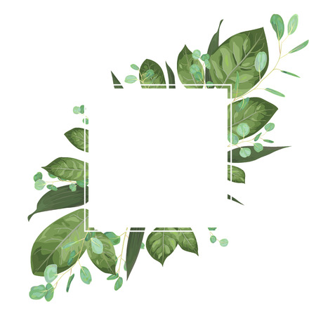 Wedding invite invitation card vector floral greenery design. Eucalyptus, lily leaves, waxflower natural, botanical green, decorative square. Postcard templateのイラスト素材