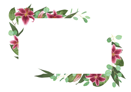 Vector card floral design with green watercolor, herbs, leaves eucalyptus, burgundy lily, botanical green, decorative frame, horizontal rectangle. Cute greeting, postcard template, wedding inviteのイラスト素材