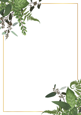 Decorative golden rectangular frame with eucalyptus, fern and boxwood branches isolated on white. For wedding invitations, vignettes, postcards, posters, documents, diplomas. Vertical
のイラスト素材
