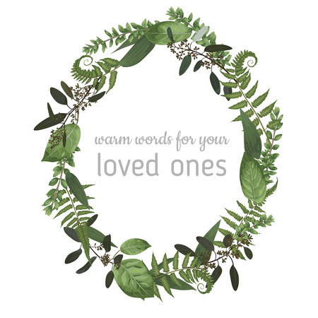 Beautiful leafy frame wreath of eucalyptus, fern and boxwood branches isolated on white. For wedding invitations, vignettes, postcards, posters, labelsのイラスト素材
