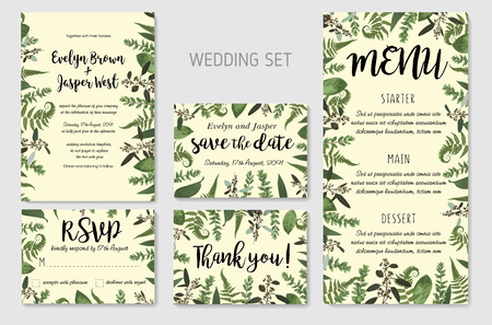 Wedding Invitation, floral invite, thank you, rsvp card Design: green fern leaves greenery, eucalyptus and boxwood branches, forest foliage decorative frame print. Vector elegant watercolor rustic templateのイラスト素材