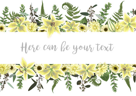 Vector illustration of a frame with green forest leaf, fern, branches, buxus, eucalyptus. Flowers of white lily, gerbera, dahlia. Wedding invitations, greeting cards, banners, certificates and labels. Horizontalのイラスト素材