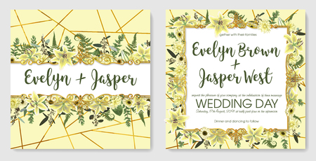 Set for wedding invitation, greeting card, save date, banner. With green forest leaf, fern, branches, buxus, eucalyptus. Flowers of white lily, gerbera, dahlia. Yellow background with  golden lineのイラスト素材