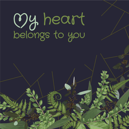 Wedding floral invitation, invite card. Vector watercolor , green forest leaf, fern, branches, buxus, eucalyptus. Flowers of white lily, gerbera, dahlia. Text decorating on blue background with golden lines
のイラスト素材