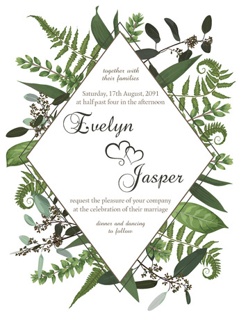 Wedding floral invite card. Vector watercolor green forest leaf, fern, branches boxwood, buxus, eucalyptus. Flowers of yellow, white lily, gerbera, dahlia. Decorative round frame, rhomb, geometric. Frame templateのイラスト素材