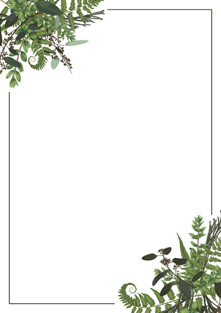 Decorative golden rectangular frame with eucalyptus, fern and boxwood branches isolated on white. For wedding invitations, vignettes, postcards, brunia, posters, documents, diplomas. Verticalのイラスト素材