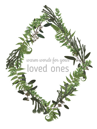 Vector floral card design. Green fern forest leaves herbs, eucalyptus, brunia, boxwood. Natural botanical Greeting wedding invite editable template rhombus, rhomb. Frame border with copy spaceのイラスト素材