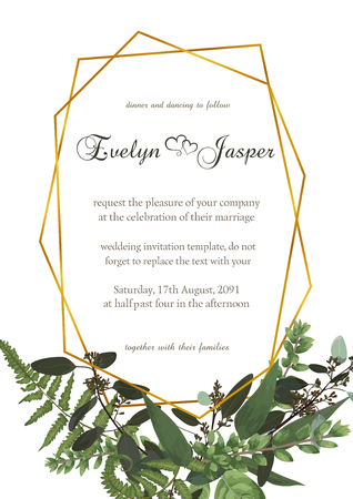 Decorative golden rectangular frame with eucalyptus, fern and boxwood branches isolated on white. For wedding invitations, vignettes, postcards, brunia. Frame template verticalのイラスト素材