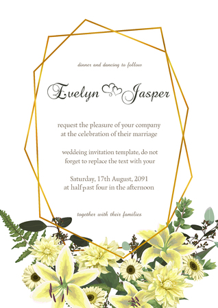 Decorative golden geometric frame with eucalyptus, fern and boxwood branches. For wedding invitations, vignettes, postcards, brunia, flowers of white lily, gerbera, dahlia. Frame template verticalのイラスト素材