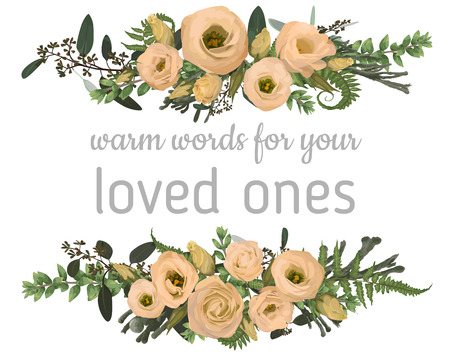 Vector floral bouquet design set, green forest leaf, brunia, fern, branches boxwood, buxus, eucalyptus and flowers eustoma cream. Watercolor style, herbs. Wedding for invite card Isolated design elementsのイラスト素材
