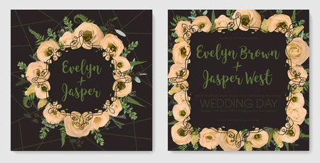 Set for wedding invitation, greeting card, save date, banner. Vintage frame with green fern leaf, boxwood, brunia eucalyptus and flowers eustoma cream. Isolated on brown background. Watercolor
のイラスト素材