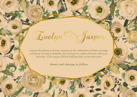 Vector polygonal gold frame with leaves of a forest fern, boxwood, brunia eucalyptus branches and flowers eustoma cream. on a orange background. Wedding invitations, postcards, postersのイラスト素材