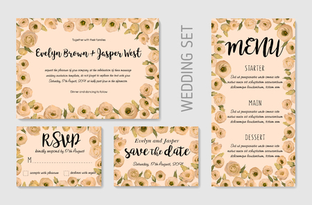 Wedding Invitation set, floral invite, thank you, rsvp card design. Eucalyptus, forest fern, herbs, eucalyptus, branches boxwood, buxus, brunia, botanical green and flowers eustoma cream. Vector elegant watercolorのイラスト素材