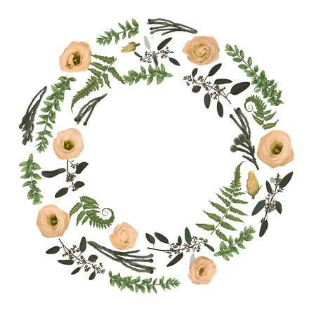 Green vector wreath frame made from twigs and leaves. Forest fern, herbs, eucalyptus, branches boxwood, buxus, brunia, botanical green and flowers eustoma cream isolated on white background. For weddingのイラスト素材