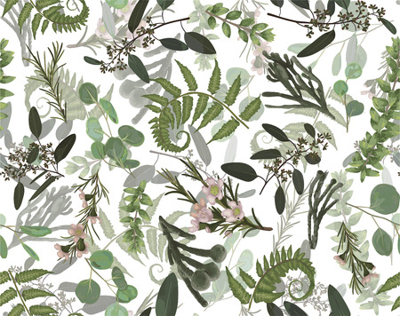 Seamless pattern, background, texture print with light watercolor hand drawn green eucalyptus ,forest fern, branches boxwood, brunia, buxus. Tender, elegant textile fabric, wrapping paper backdrop layoutのイラスト素材