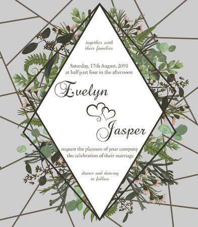 Wedding floral invite card. Vector green forest leaf, fern, branches boxwood, buxus, eucalyptus, brunia. Rhomb, geometric frame on a gray background with golden linesのイラスト素材