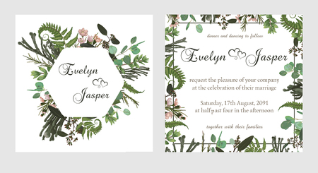 Set for wedding invitation, greeting card, save date, banner. Fern leaf, boxwood, brunia and eucalyptus. Square, round on white background. Vector elegant watercolor rustic, templateのイラスト素材